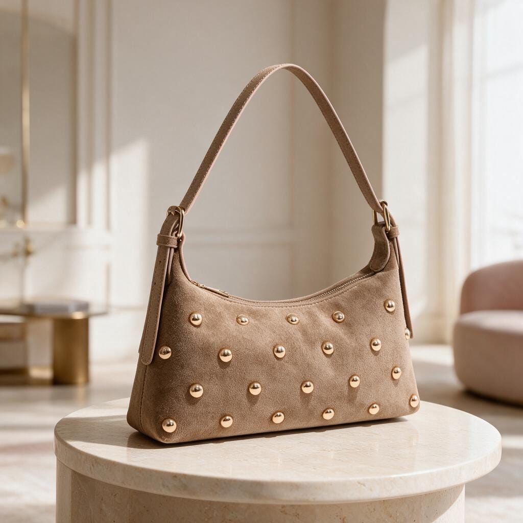 Taupe Studded Shoulder Bag, Suede Look Baguette Purse, Gold Stud Handbag, Y2K Underarm Bag, Minimalist Women’s Purse