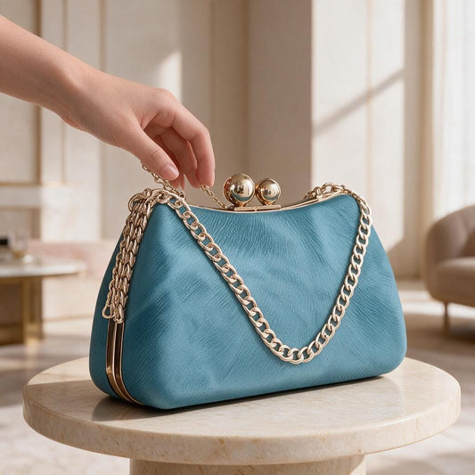 Blue Kiss Lock Clutch, Women's Evening Bag, Chain Strap Purse, Small Blue Shoulder Bag, Elegant Party Bag