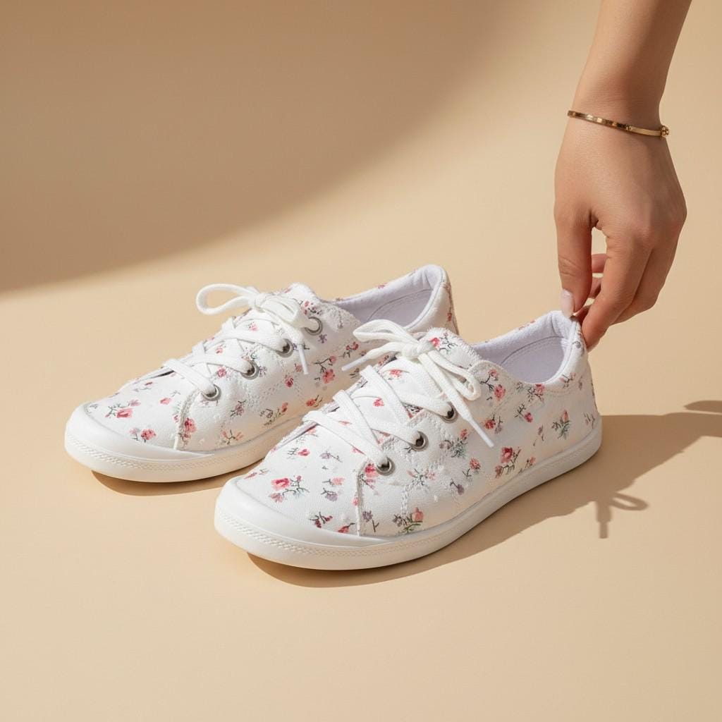 Floral Low Top Sneakers for Women, White Flower Print Shoes, Vintage Lace Up Casual Footwear