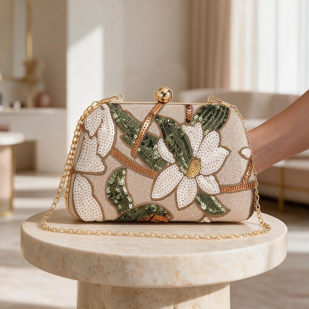 Floral Sequin Clutch Bag, Beaded Evening Purse, Embroidered Flower Handbag, Gold Chain Wedding Guest Bag, Elegant Party Clutch