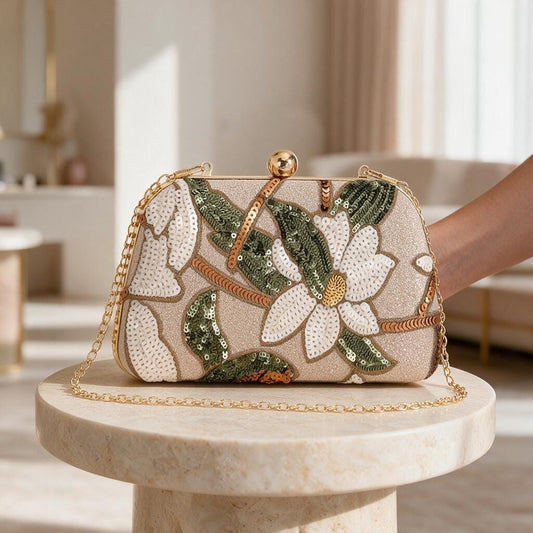 Floral Sequin Clutch Bag, Beaded Evening Purse, Embroidered Flower Handbag, Gold Chain Wedding Guest Bag, Elegant Party Clutch