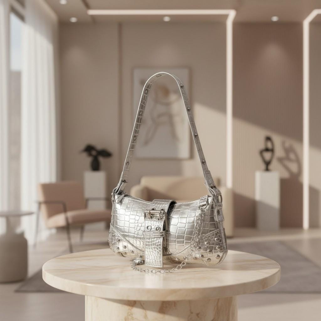 Silver Croc Baguette Bag, Y2K Shoulder Purse, Studded Metallic Handbag, Crocodile Embossed Bag, Buckle Chain Purse