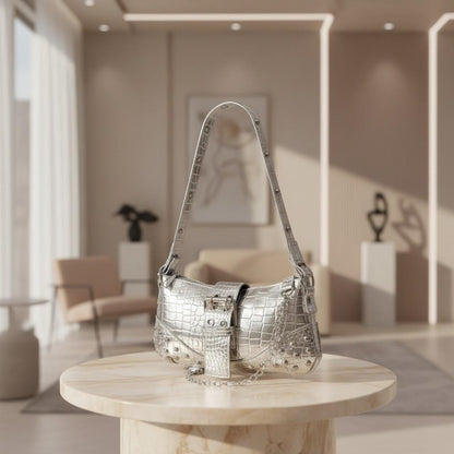 Silver Croc Baguette Bag, Y2K Shoulder Purse, Studded Metallic Handbag, Crocodile Embossed Bag, Buckle Chain Purse