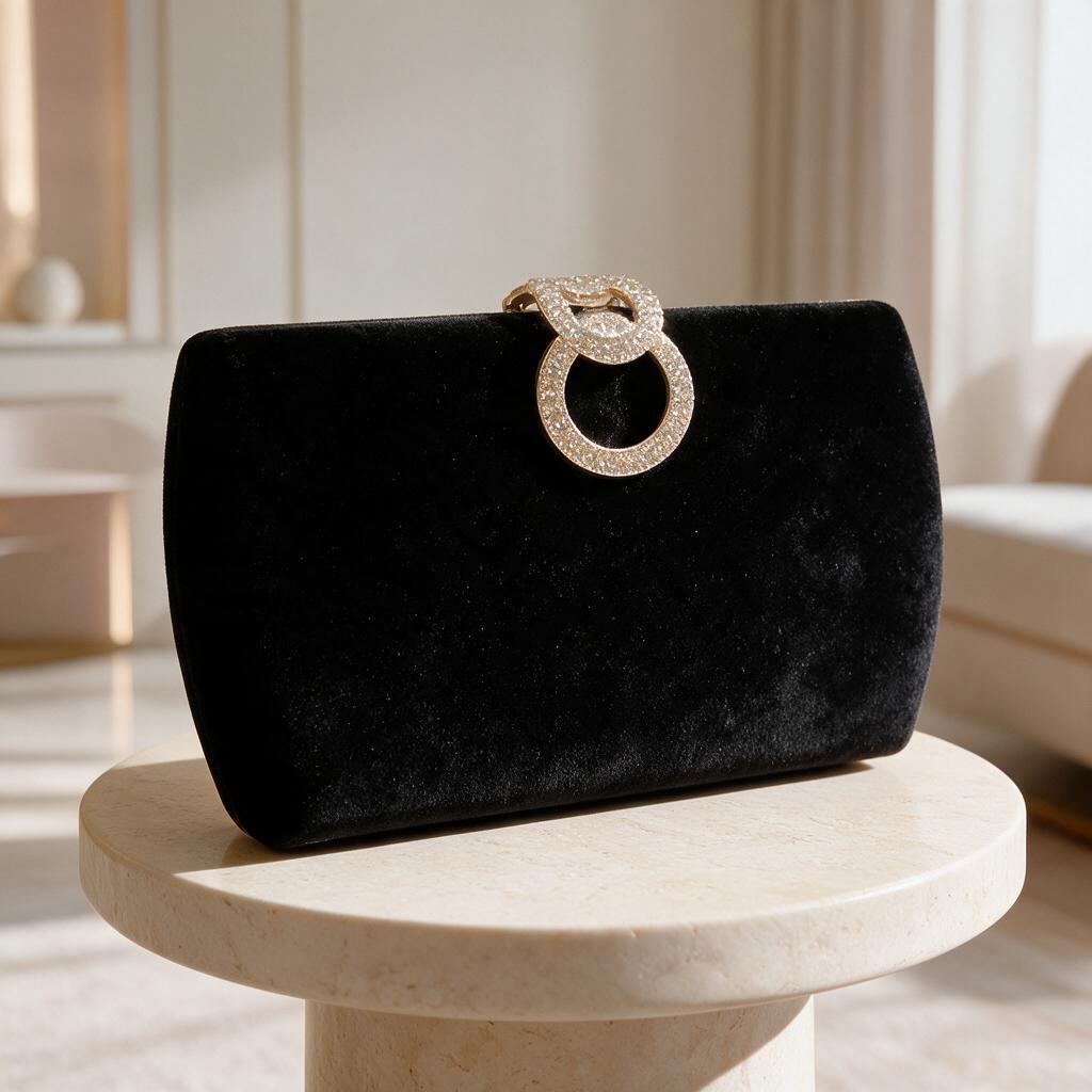 Black Velvet Clutch, Rhinestone Ring Evening Bag, Elegant Formal Purse, Party Handbag