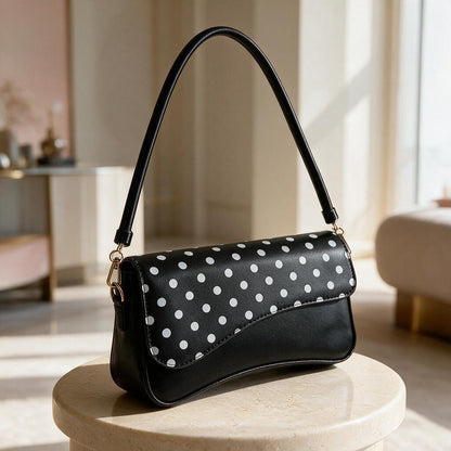 Black Polka Dot Shoulder Bag, Y2K Baguette Purse, Retro Handbag, Cute Everyday Bag