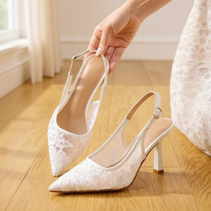 Ivory Lace Bridal Heels, Pointed Toe Slingback Wedding Shoes, Stiletto Pumps