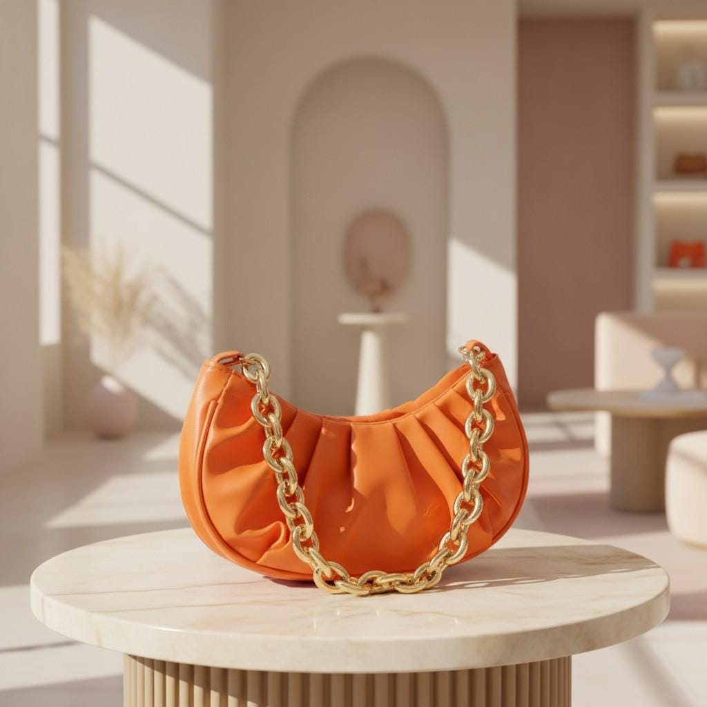 Orange Ruched Shoulder Bag, Crescent Purse for Women, Chain Strap Handbag, Small Evening Bag, Trendy Orange Purse
