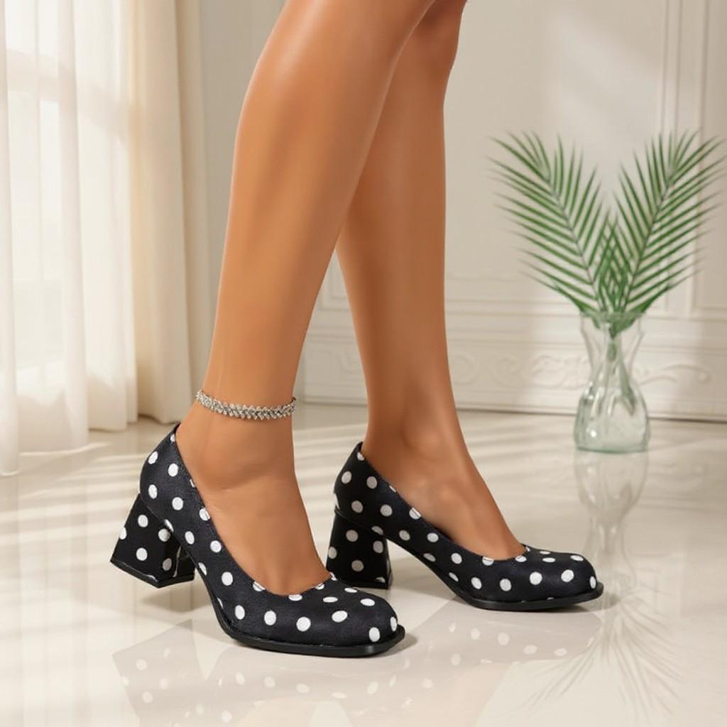 Black Polka Dot Heels, White Dot Block Heel Pumps, Retro Dress Shoes