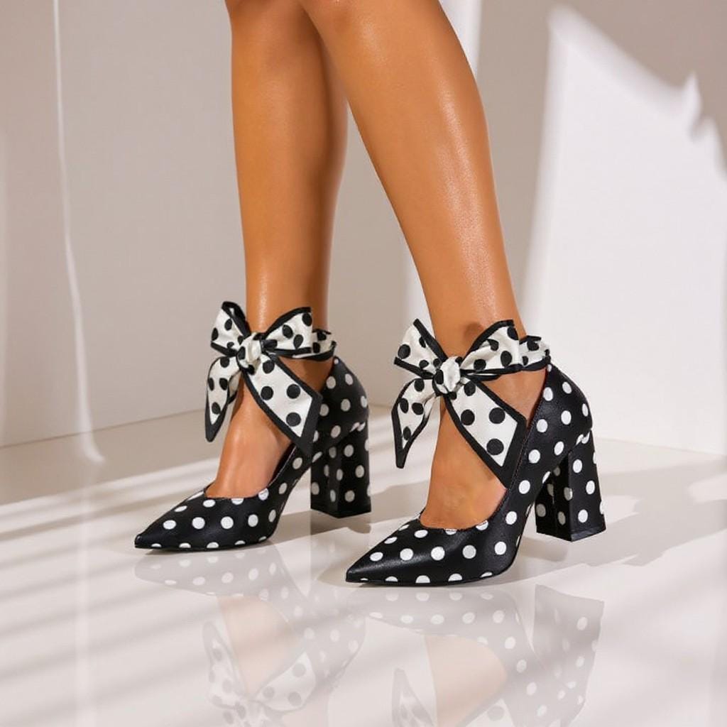 Black Polka Dot Heels, Bow Ankle Strap Pumps, Retro Block Heel Shoes