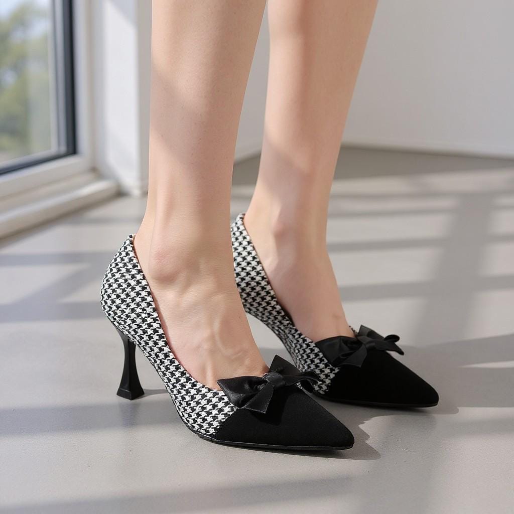 Houndstooth Bow Pumps, Black White Pointed Toe Heels, Stiletto Shoes