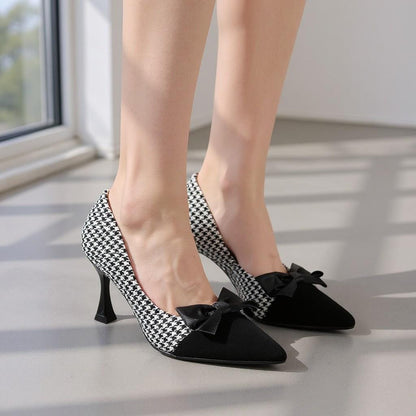 Houndstooth Bow Pumps, Black White Pointed Toe Heels, Stiletto Shoes