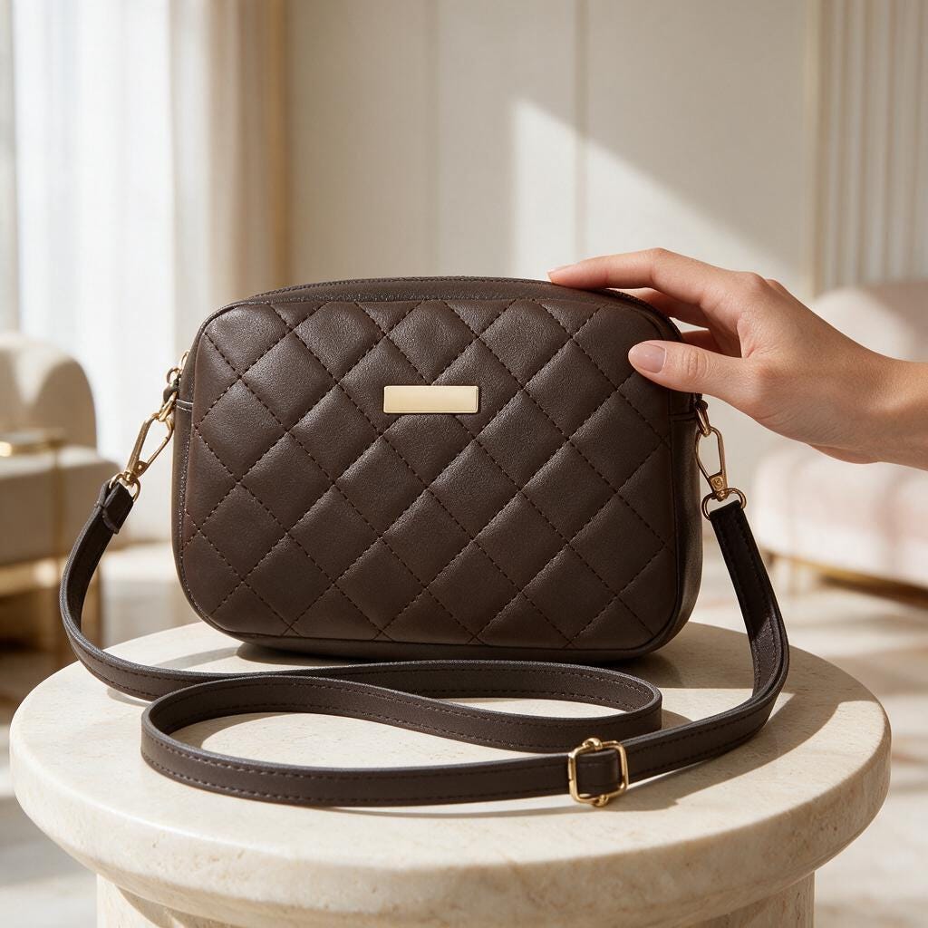 Brown Quilted Crossbody Bag, Diamond Stitch Purse, Small Shoulder Bag, Minimalist Brown Handbag, Gold Detail Everyday Bag