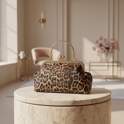 Leopard Print Frame Bag, Vintage Kiss Lock Handbag for Women, Animal Print Purse, Small Top Handle Bag