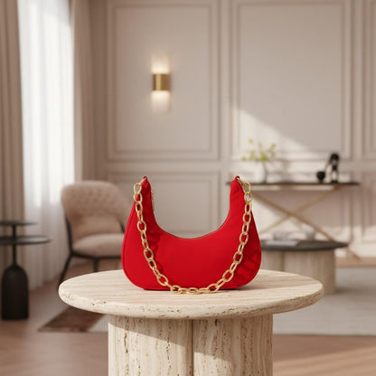 Red Shoulder Bag for Women, Small Crescent Purse, Gold Chain Handbag, Minimalist Evening Bag, Trendy Red Purse