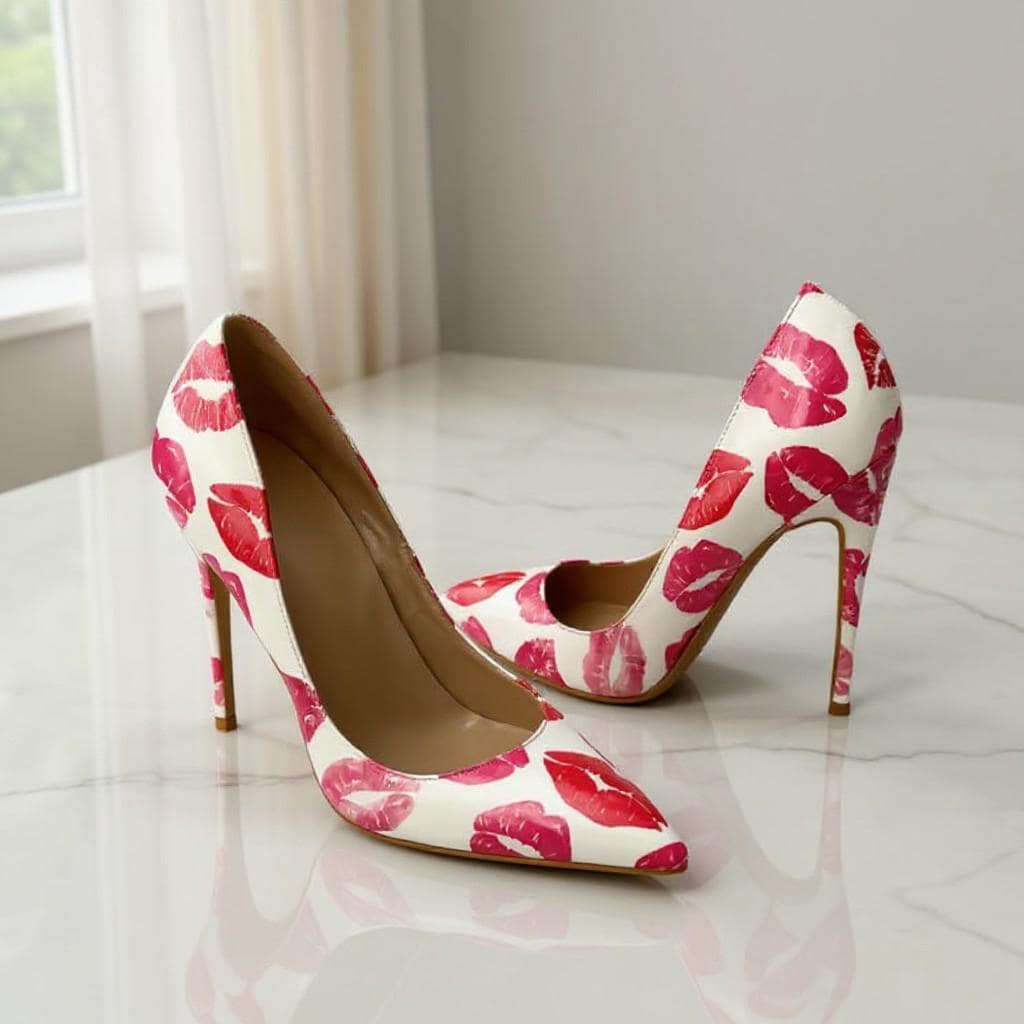 Red Lip Print Heels, Kiss Print Stiletto Pumps, White Pointed Toe High Heels, Women's Statement Shoes