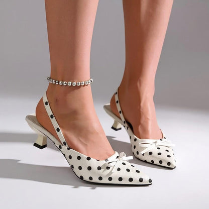 White Polka Dot Slingback Heels, Bow Pointed Toe Pumps, Retro Kitten Heels