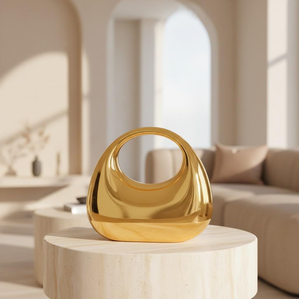 Gold Metallic Handbag, Sculptural Top Handle Bag, Statement Evening Purse, Modern Party Bag, Chic Wedding Guest Bag