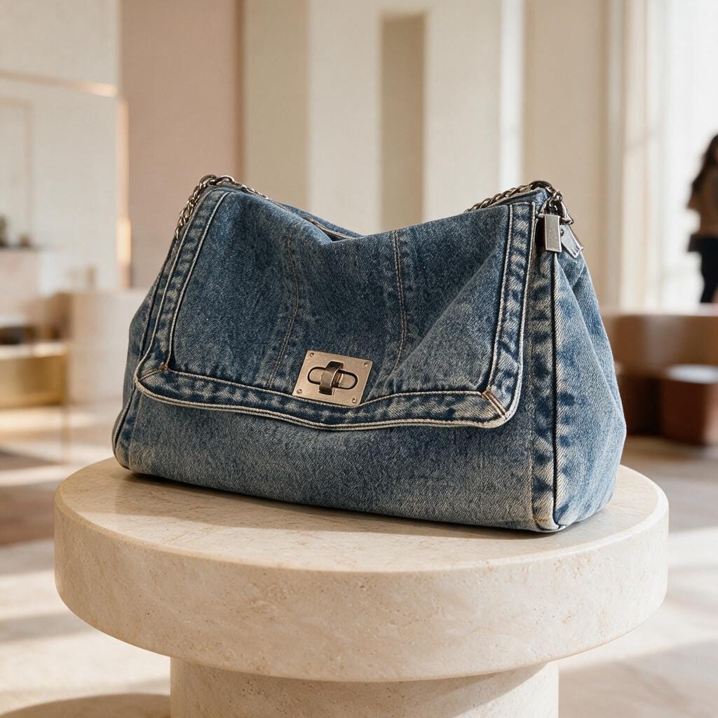 Denim Shoulder Bag, Blue Jean Purse, Y2K Baguette Handbag, Chain Strap Crossbody Bag