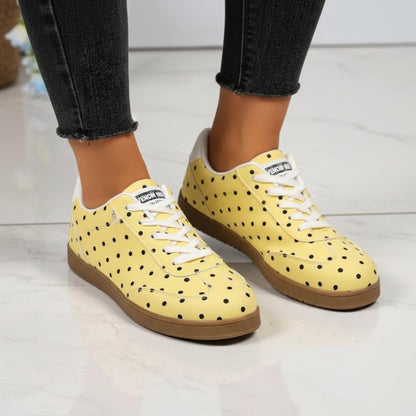 Yellow Polka Dot Sneakers, Women's Retro Lace Up Shoes, Cute Casual Trainers