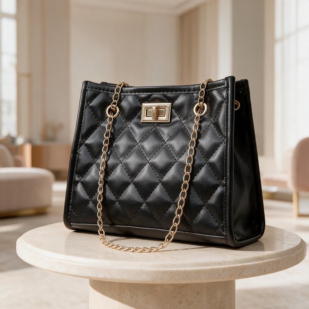 Black Quilted Shoulder Bag, Chain Strap Handbag, Diamond Stitch Purse, Structured Crossbody Bag, Elegant Women's Bag