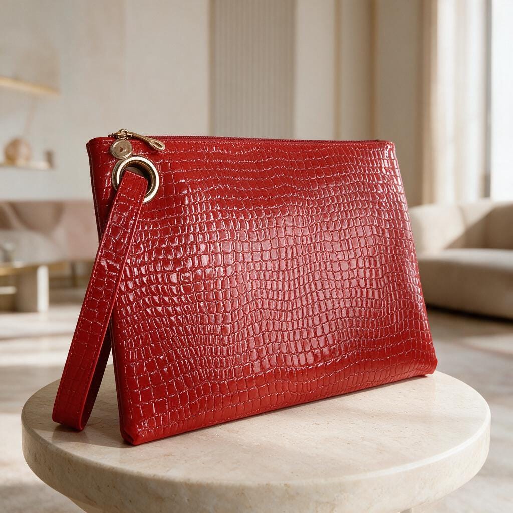 Red Crocodile Clutch Bag, Glossy Wristlet Purse, Embossed Red Evening Bag, Red Pouch Handbag, Statement Party Clutch