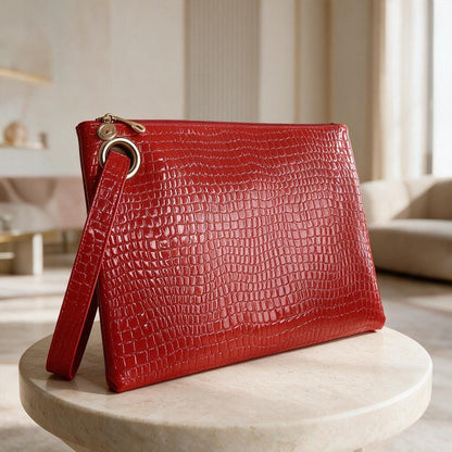 Red Crocodile Clutch Bag, Glossy Wristlet Purse, Embossed Red Evening Bag, Red Pouch Handbag, Statement Party Clutch