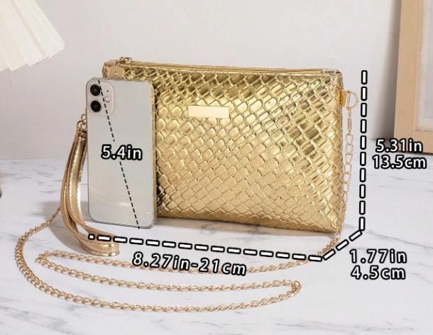Metallic Gold Clutch Bag, Woven Gold Crossbody Purse, Chain Shoulder Bag, Gold Evening Handbag, Elegant Party Purse