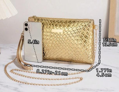 Metallic Gold Clutch Bag, Woven Gold Crossbody Purse, Chain Shoulder Bag, Gold Evening Handbag, Elegant Party Purse