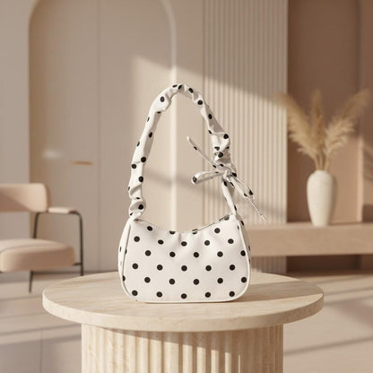 White Polka Dot Shoulder Bag, Bow Strap Purse, Black White Baguette Handbag, Coquette Y2K Bag