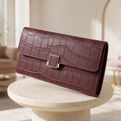 Burgundy Croc Embossed Wallet, Long Womens Wallet, Flap Purse with Metal Clasp