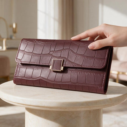 Burgundy Croc Embossed Wallet, Long Womens Wallet, Flap Purse with Metal Clasp