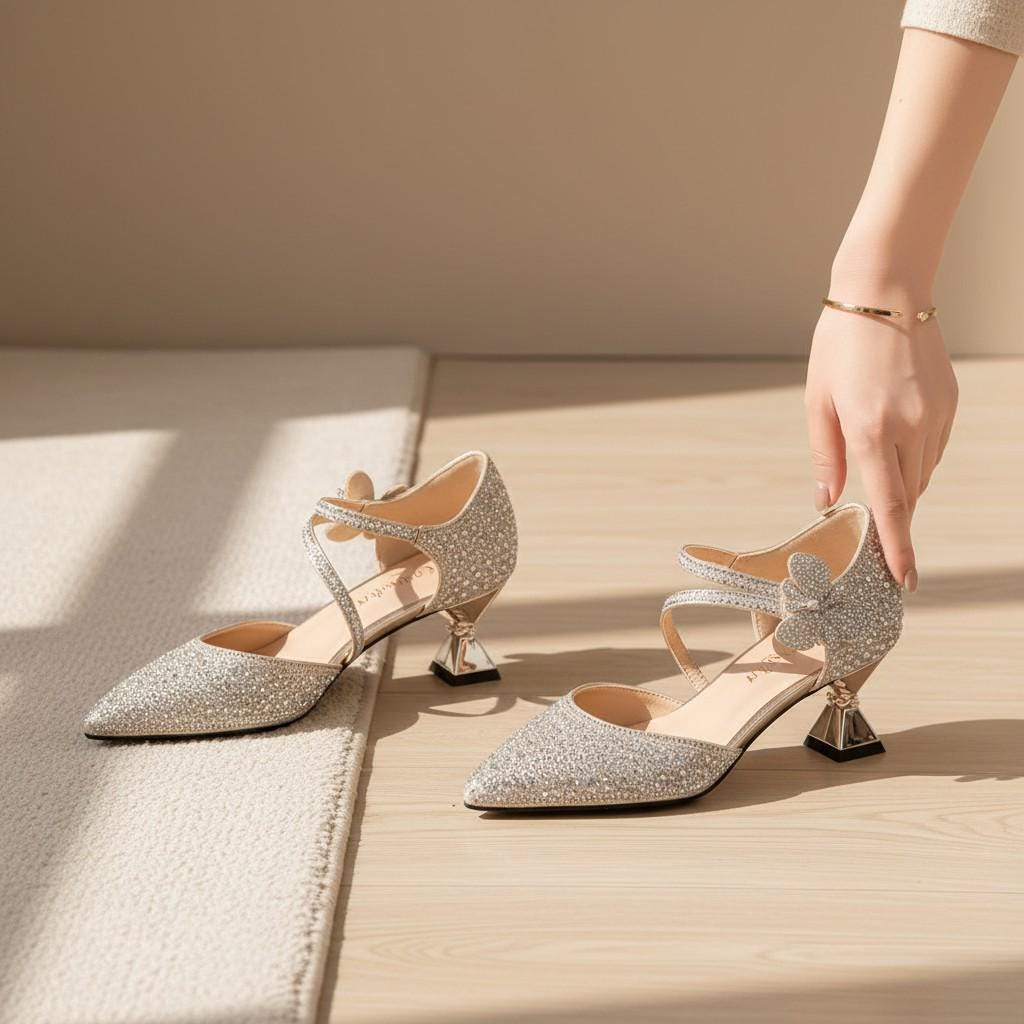 Silver Rhinestone Heels for Women, Pointed Toe Strappy Pumps, Sparkly Bridal Wedding Shoes