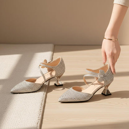 Silver Rhinestone Heels for Women, Pointed Toe Strappy Pumps, Sparkly Bridal Wedding Shoes