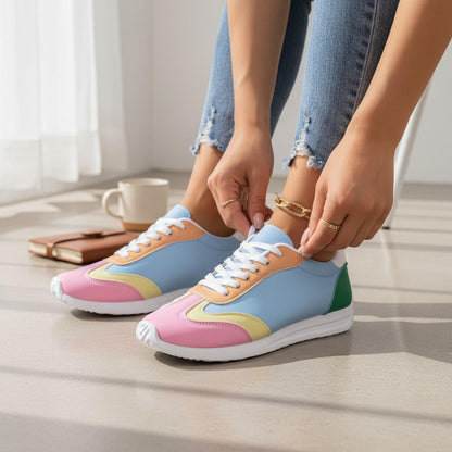 Pastel Color Block Sneakers for Women, Colorful Low Top Shoes, Pink Blue Casual Lace Up Footwear