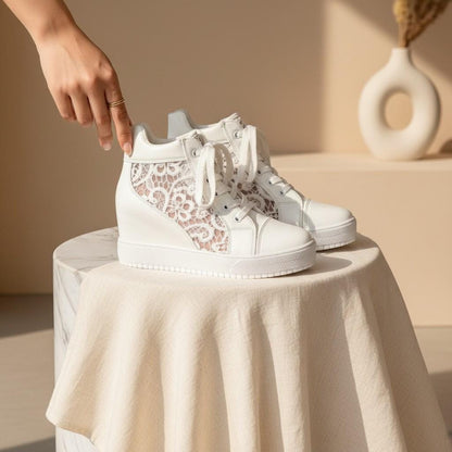 White Wedge Sneakers for Women, High Top Platform Shoes, Animal Print Sneakers, Lace Up Wedge Trainers, Fashion Sneakers