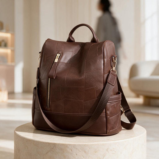 Brown Patchwork Backpack, Women's Casual Backpack, Vintage Style Daypack, Everyday Brown Bag, Multi Pocket City Backpack