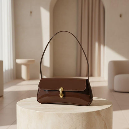 Brown Baguette Shoulder Bag, Glossy Brown Handbag, Gold Clasp Purse, Y2K Underarm Bag, Minimalist Everyday Shoulder Bag