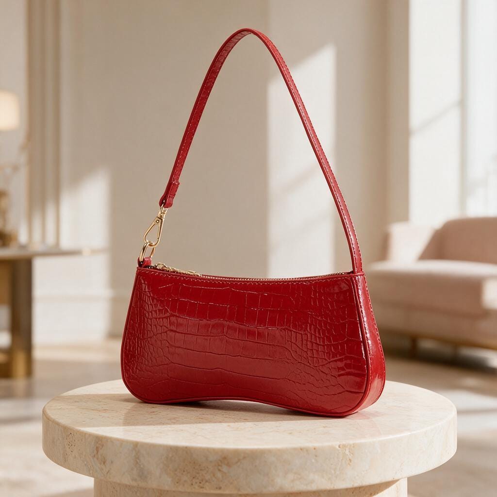 Red Croc Embossed Shoulder Bag, Y2K Baguette Purse, Glossy Faux Croc Handbag, Mini Underarm Bag, Red Shoulder Purse