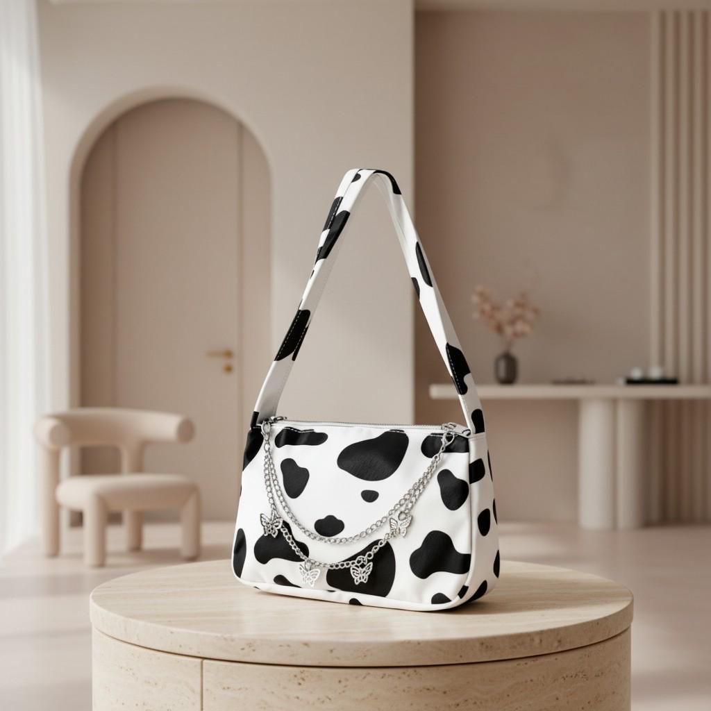Cow Print Shoulder Bag, Black White Purse, Y2K Cow Pattern Handbag, Butterfly Chain Bag, Cute Animal Print Bag