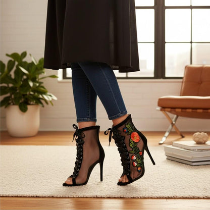 Black Floral Mesh Peep Toe Booties, Embroidered Lace Up Heels, Sheer Stiletto Ankle Boots, Women's Statement Shoes