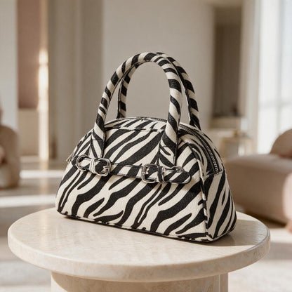 Zebra Print Handbag, Black White Top Handle Purse, Animal Print Bag, Structured Statement Handbag, Trendy Womens Purse