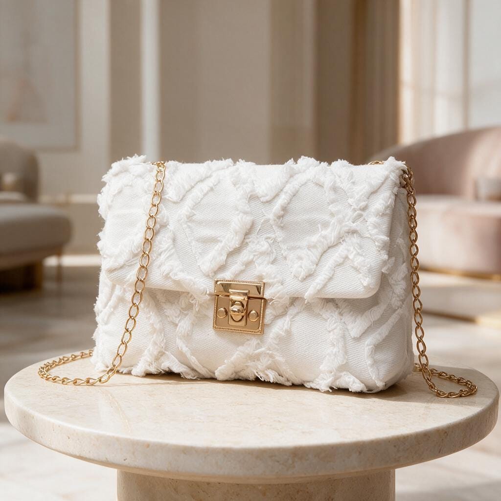 White Frayed Shoulder Bag, Distressed Flap Purse, Ivory Crossbody Bag, Textured Chain Handbag, Casual Boho Purse
