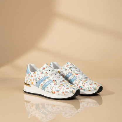 Blue Floral Sneakers for Women, Colorful Flower Print Shoes, Casual Low Top Sneakers