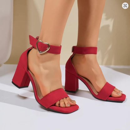 Red Block Heel Sandals, Heart Buckle Ankle Strap Heels, Open Toe Women's Shoes