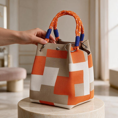 Geometric Tote Bag, Orange Beige Canvas Handbag, Woven Shoulder Bag, Color Block Purse, Rope Handle Bag, Everyday Summer Tote