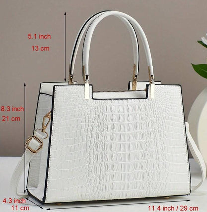 White Croc Embossed Handbag, Structured Top Handle Bag, Women's Shoulder Crossbody Purse, Elegant White Satchel