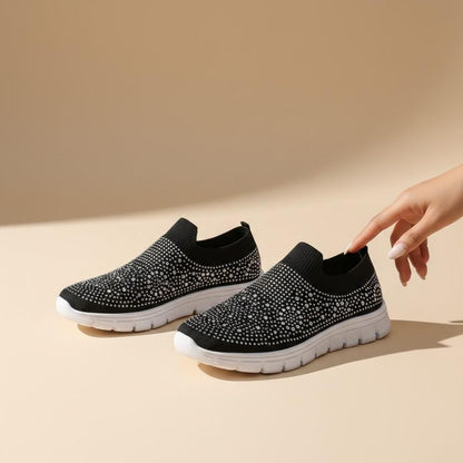 Black Rhinestone Slip On Sneakers, Women's Sparkle Knit Shoes, Casual Bling Sneakers