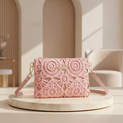Pink Crochet Crossbody Bag, Lace Shoulder Purse, Boho Women's Handbag