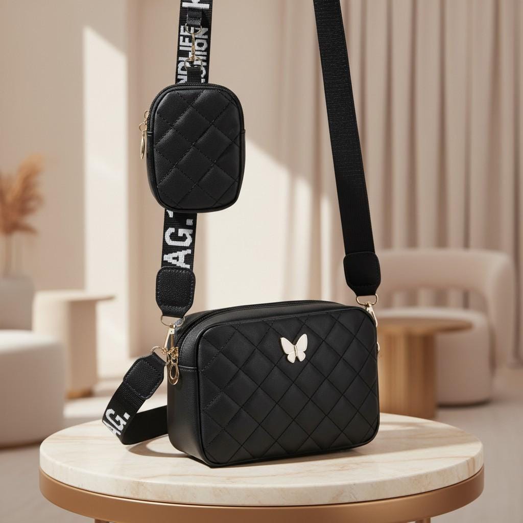 Black Quilted Crossbody Bag for Women, Small Shoulder Purse, Adjustable Strap, Everyday Handbag with Mini Pouch