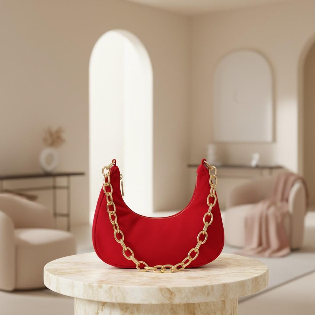 Red Shoulder Bag for Women, Small Crescent Purse, Gold Chain Handbag, Minimalist Evening Bag, Trendy Red Purse